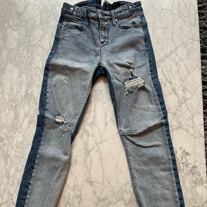 RTA gorgeous two-toned denim with back zipper and distressing!